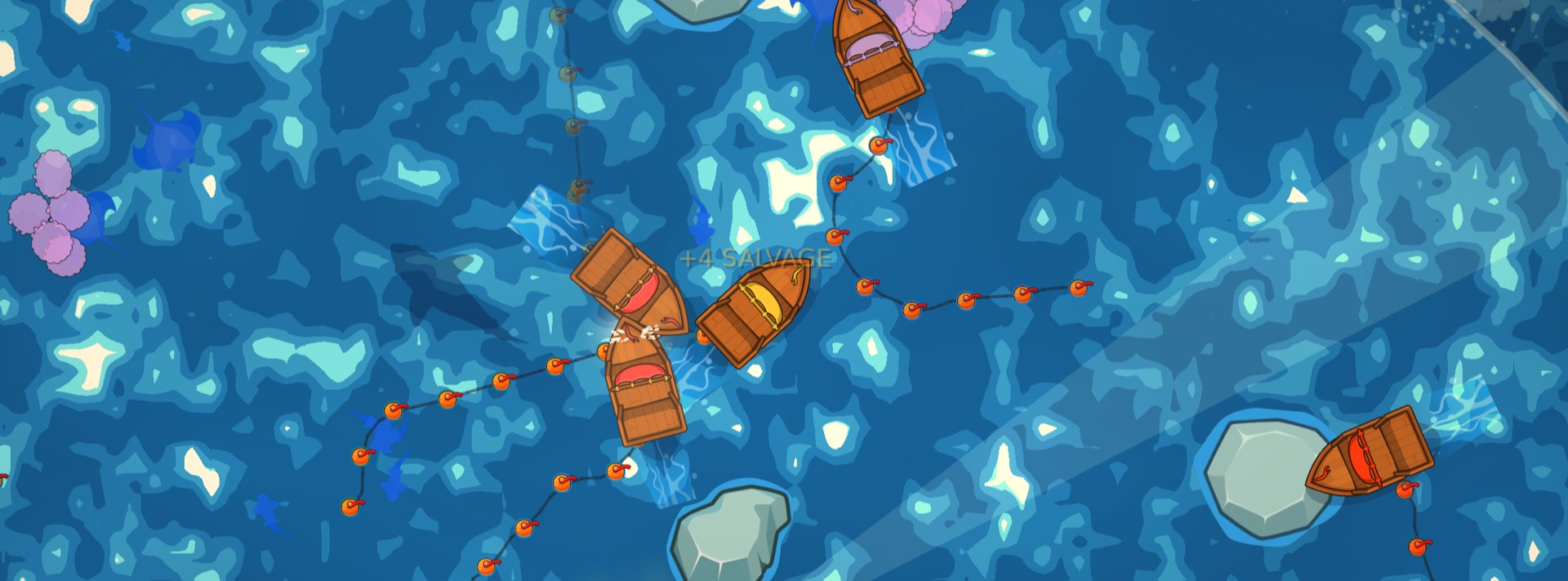 Biggest Catch gameplay: wooden fishing boats trail buoyed nets across bright blue water at golden hour, one net closing around a school beside the rocks