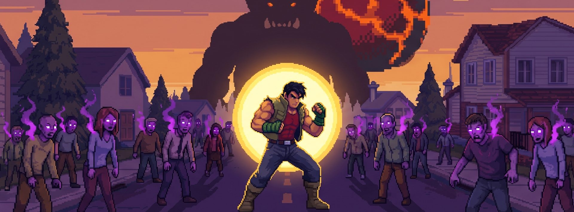 Concrete Cleanse gameplay: a suburban street brawl against purple-flamed possessed, score and cure counters running