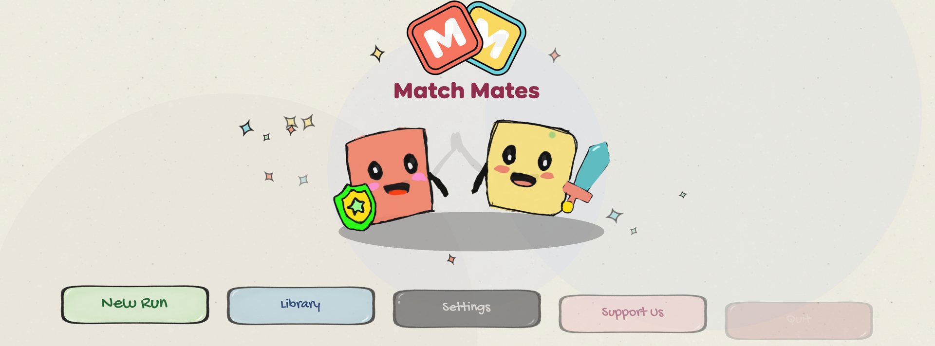 Match Mates start screen: two hand-drawn mates high-fiving under the logo, with the sketchy New Run and Library buttons below