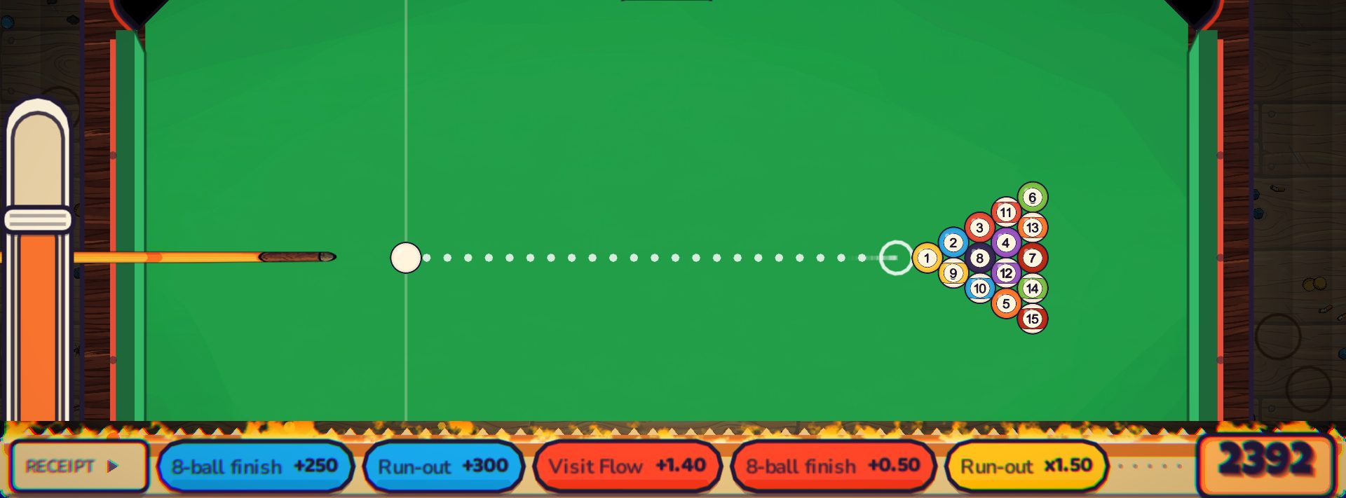 Pool Shark gameplay: top-down 8-ball table mid-shot, cue drawn back with the aim line out and the score receipt tallying at the bottom