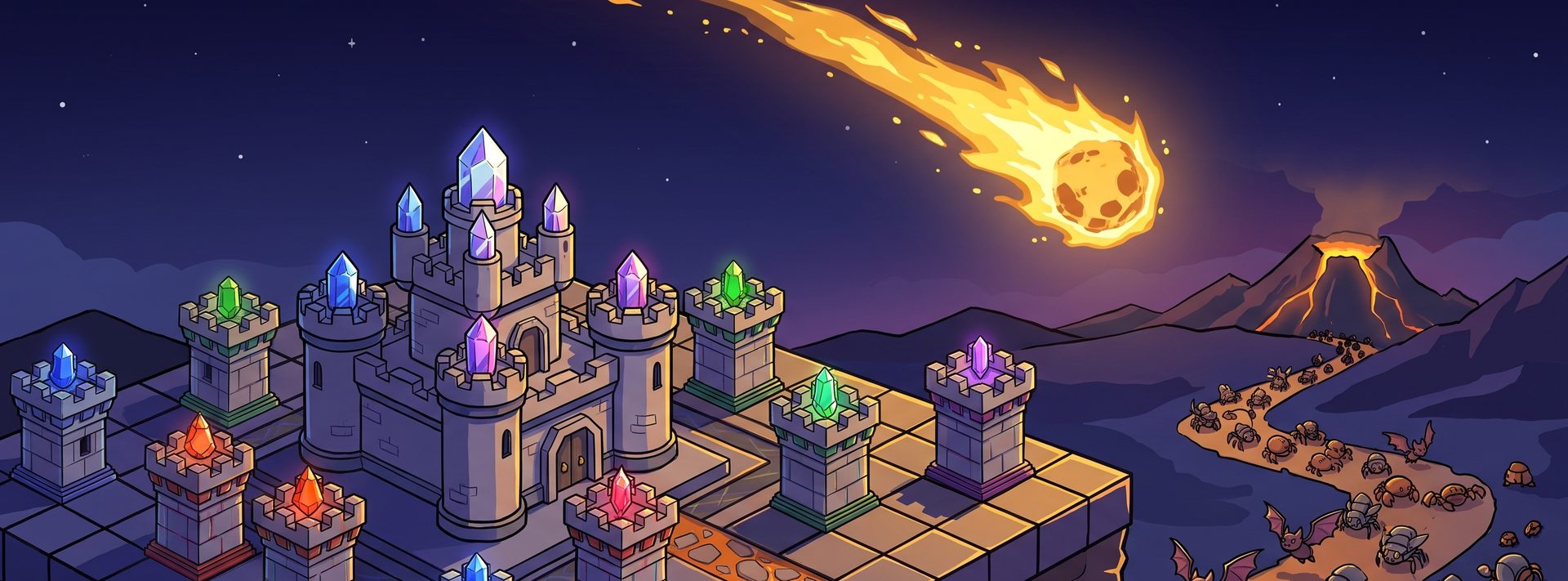Starfall Keep gameplay: towers guarding a winding path mid-wave, a shielded worm inbound and the build menu open